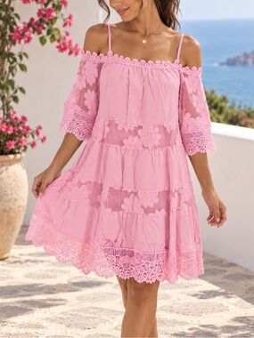 Pink Lace Off-Shoulder Summer Dress